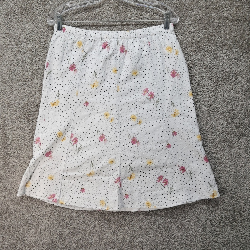 Christopher & Banks White Floral Polka Dot Cotton Midi Skirt‎ Womens Medium